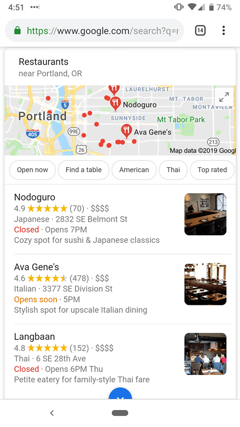 Restaurants in Portland local search results